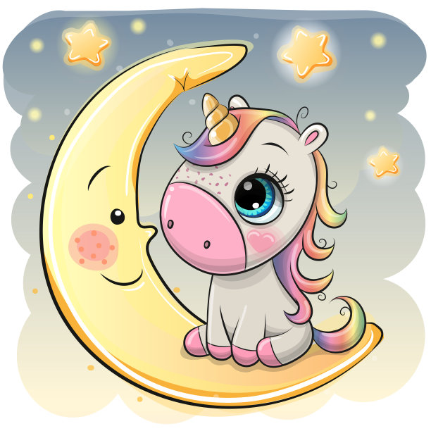 卡通独角兽戴着飞行员帽坐在月球上图片下载