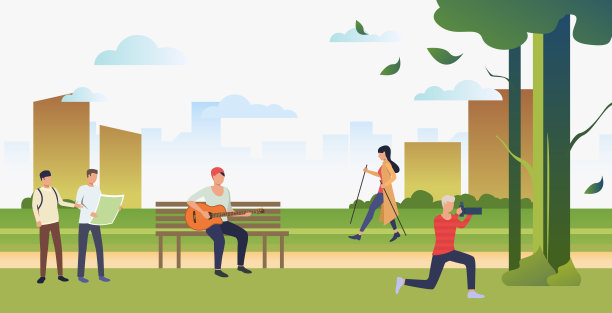 人们在城市公园里做运动、拍照和放松图片下载