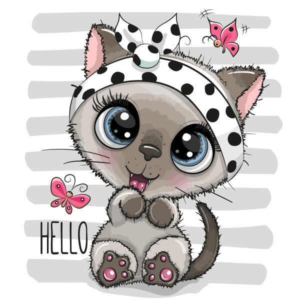 卡通小猫与蝴蝶条纹背景图片下载