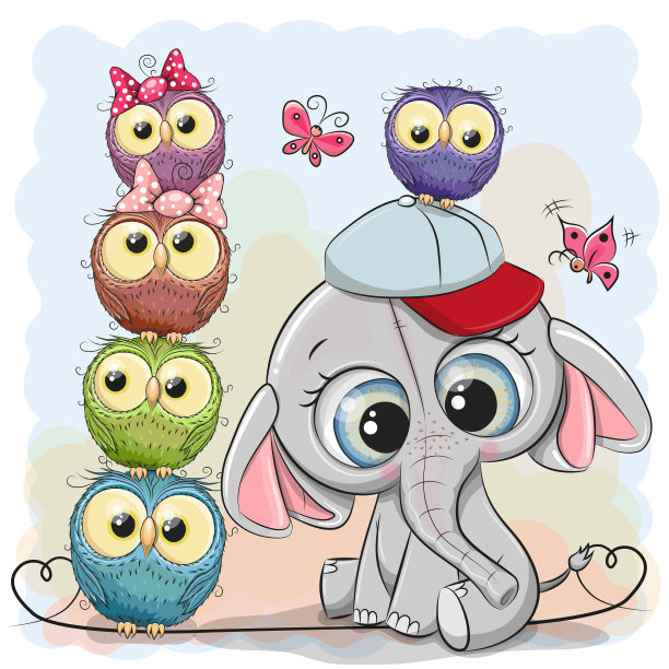 可爱的卡通大象和猫头鹰在一个蓝色的背景图片下载