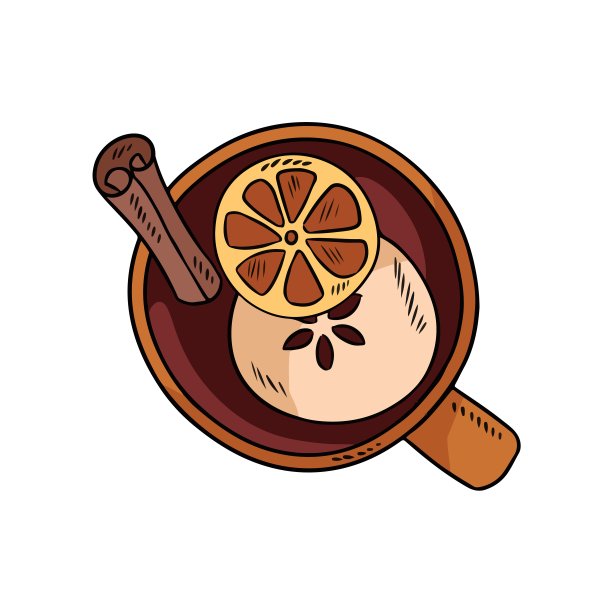 美味的热葡萄酒饮料在一个杯子与肉桂和柑橘可爱的卡通涂鸦图片下载