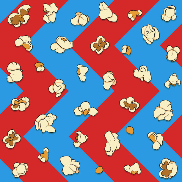 无缝模式与爆米花在一个蓝色和红色的背景。颜色背景。图片下载