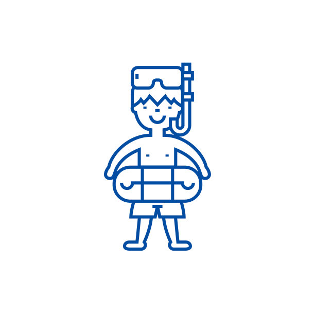 男孩与游泳面具线图标概念。男孩用游泳面具平矢量符号、符号、轮廓插图。图片下载