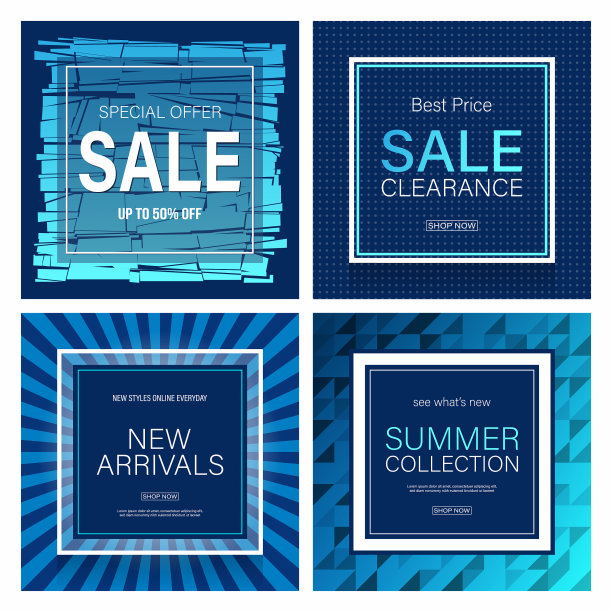 蓝色销售旗帜套装。特别优惠和新到达矢量海报。图片下载