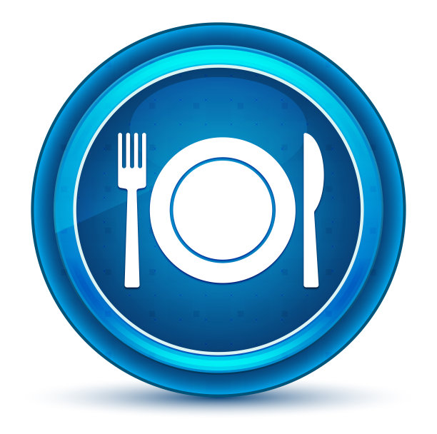 盘子上有叉和刀的图标眼球蓝色圆形按钮图片下载