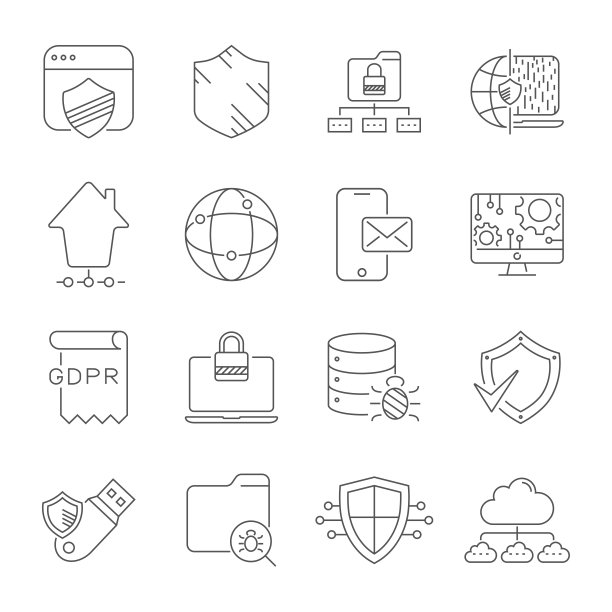 互联网技术，在线服务。数据、信息安全、连接技术、GDPR。细线网页图标设置。可编辑的中风。每股收益10图片下载