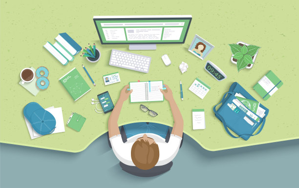 一个人坐在桌子边做笔记。办公桌椅，办公用品，显示器，书，笔记本，耳机，电话，眼镜，钢笔，包，咖啡，甜甜圈，帽子。矢量顶视图素材图片