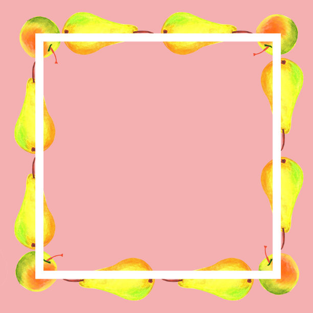 方形框架的水彩纹理梨和苹果在粉红色的背景与白色的框架上面的主图像图片下载