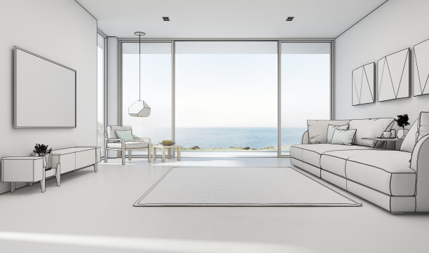 海景客厅豪华夏季海滨别墅，大玻璃门和木制露台。在度假屋或度假别墅里，白色墙壁上的电视靠着大沙发。图片下载