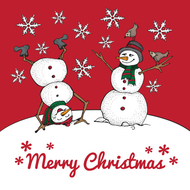 卡通风格的雪人和小鸟。圣诞和新年卡片邀请横幅模板。红色背景上戴着帽子和织着围巾的雪人。矢量手绘涂鸦插图。图片下载