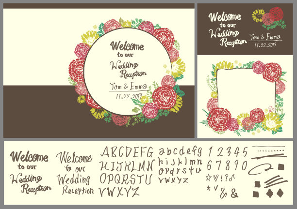 婚礼指南欢迎板手写花卉图案插图手写信件图片下载