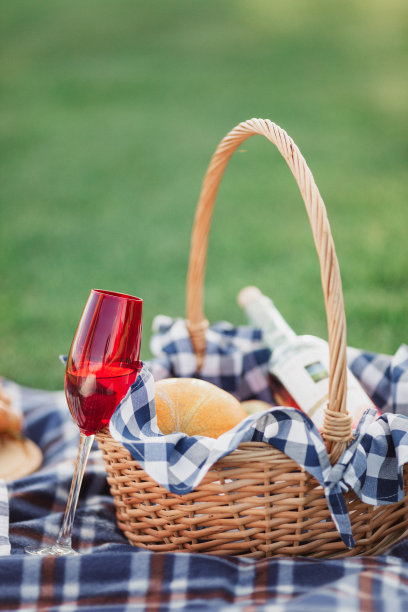 野餐篮，饮料，食物和水果在绿色的草地上在夏季公园。图片下载