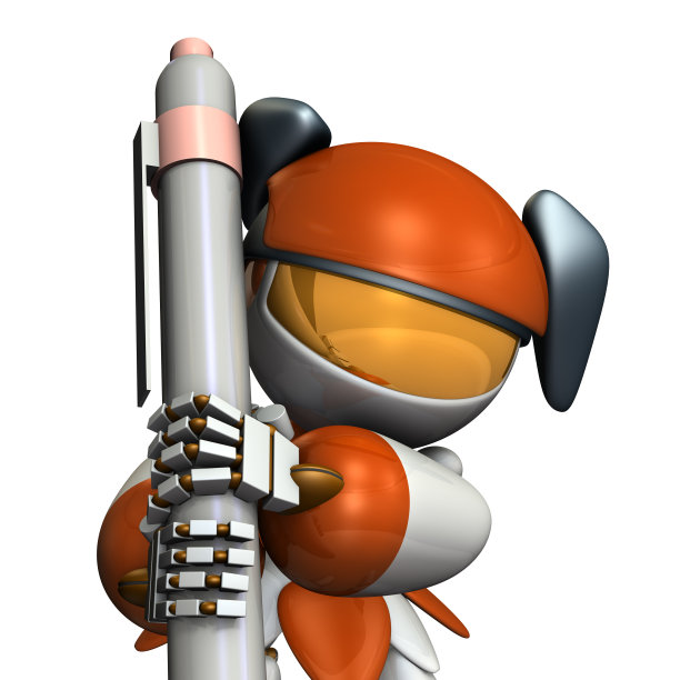 一个女机器人正在用一支大钢笔写一个标志。这是一种承诺。白色背景。3 d演示。图片下载