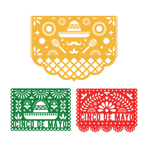 Papel Picado设置，墨西哥纸装饰五月五日节。剪纸组成设计的纸花环。矢量模板设计。图片下载