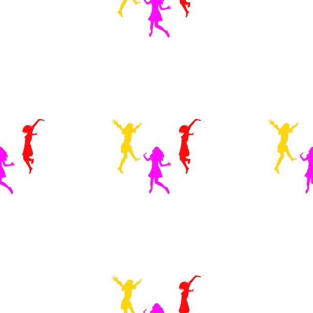 三个快乐的女孩高兴得跳起来。无缝壁纸图案。图片下载