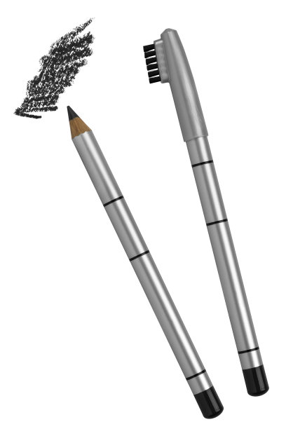 打开和关闭化妆品眉毛黑色铅笔与刷子上盖和颜色描样，美容产品孤立在白色背景，剪切路径包括图片下载