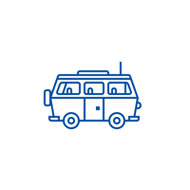 小型货车旅行，家庭用车图标概念线。小型货车旅行，家用汽车平面矢量符号，标志，轮廓插图。图片下载