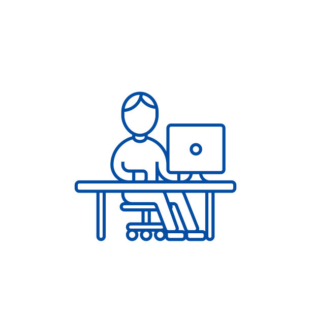 人工作在电脑在表线图标概念。人在电脑工作在表平面矢量符号，符号，轮廓插图。图片下载