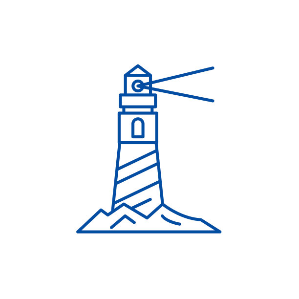 灯塔在岸边的图标概念。岸边灯塔平矢符号、标号、轮廓插图。图片下载