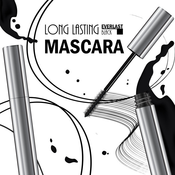 美丽的海报，推广化妆品优质睫毛膏产品。化妆品广告的包装用液体涂抹油墨的元素。新产品设计。图片下载
