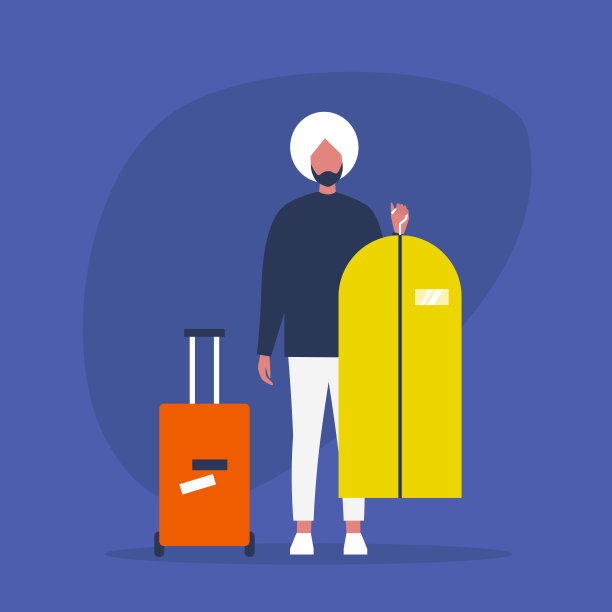 年轻的印度人在打包他的衣服。手提箱和西服套。行李。旅行。平面可编辑矢量插图，剪辑艺术图片下载