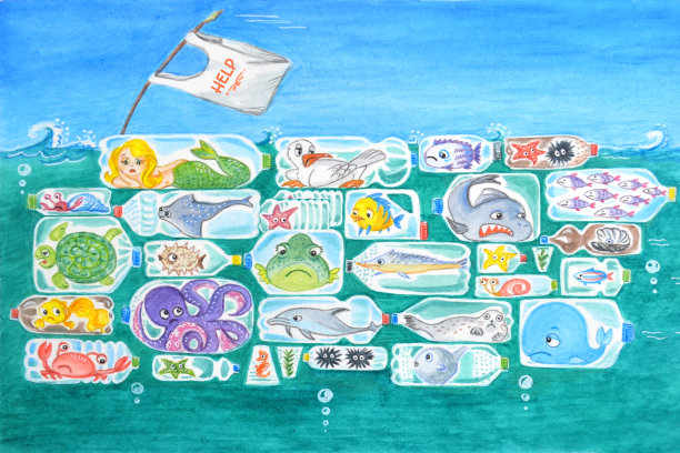 可悲的塑料瓶里的海洋动物对海洋污染感到不满。铭文的帮助。垃圾岛移向大海。生态的概念图片下载