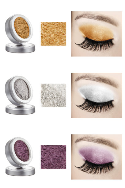 三种不同颜色的纯眼影，在优雅的灰色容器，和女性眼睑的例子，美容产品孤立在白色背景，剪切路径包括图片下载