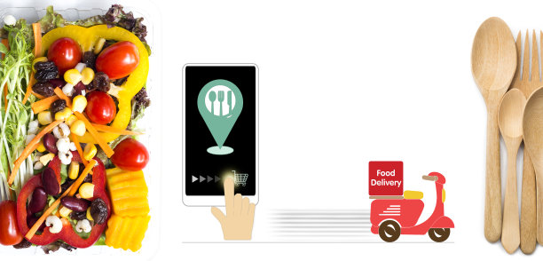 速递服务。快递服务由摩托车为企业提供上门或办公室网上订餐。与文本和标志的复制空间。图片下载