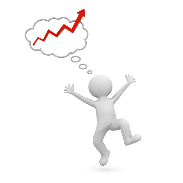 快乐的3d人庆祝和跳跃与红色上升的箭头图形在他的头顶在白色的背景图片下载