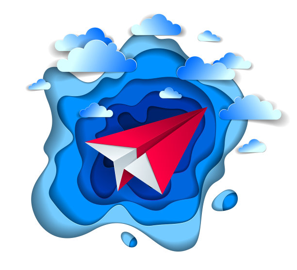 折纸飞机玩具在天空中飞行与美丽的云，完美的矢量插图的风景云景与玩具喷气式飞机起飞，航空公司的空中旅行主题。图片下载