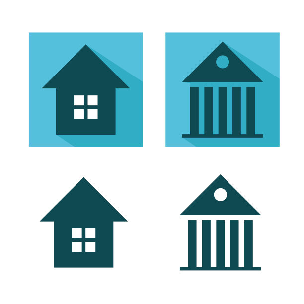房子，建筑，银行，剧院矢量图标。彩色的房子标志在蓝色的背景和长影子。为web和应用程序创建图标。矢量。图片下载