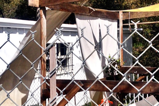 穿过栅栏，白色的户外窗帘在风中摇曳图片下载