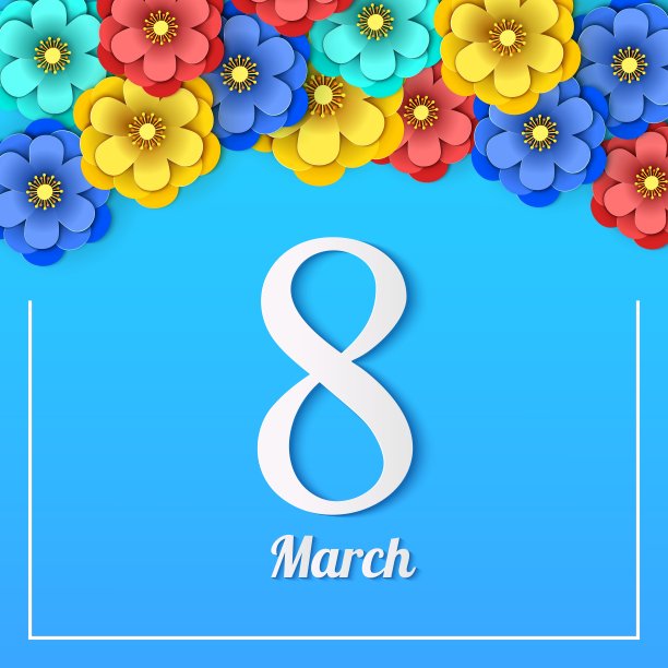 花8三月贺卡。妇女节快乐。剪纸花卉节日框架上的蓝色背景与数字八。矢量插图。折纸潮流设计模板。母亲节快乐图片下载