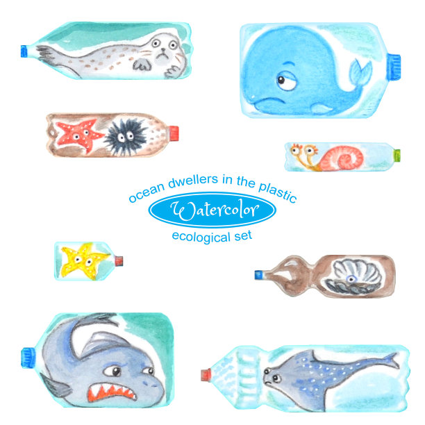 可悲的塑料瓶里的海洋动物对海洋污染感到不满。水彩插图。一组孤立的鱼在白色上。图片下载