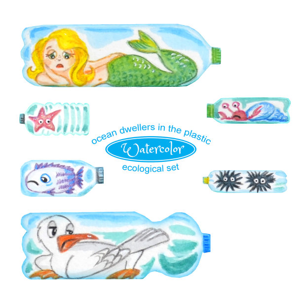 可悲的塑料瓶里的海洋动物对海洋污染感到不满。水彩插图。一组孤立的鱼在白色上。图片下载