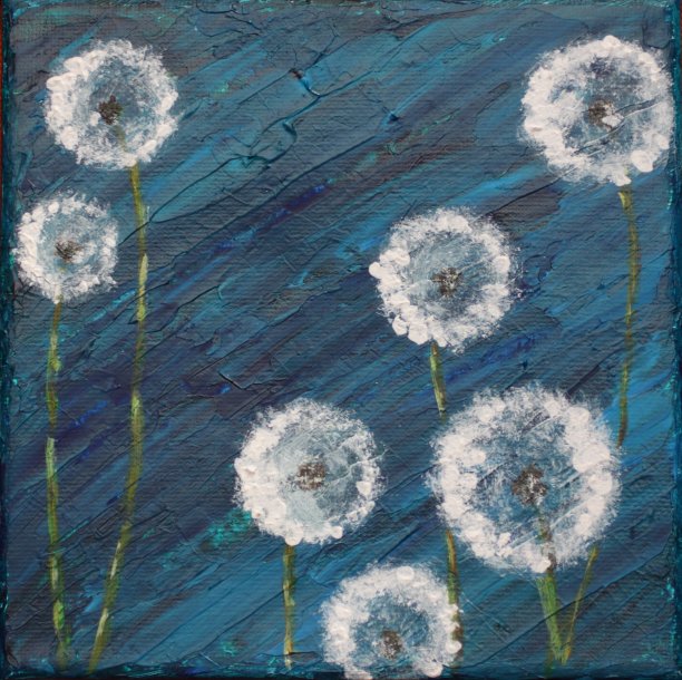 在蓝绿色背景上绘制丙烯酸白色蒲公英图片下载