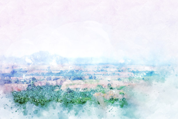 摘要以森林中的绿树景观为背景的水彩插画。图片下载