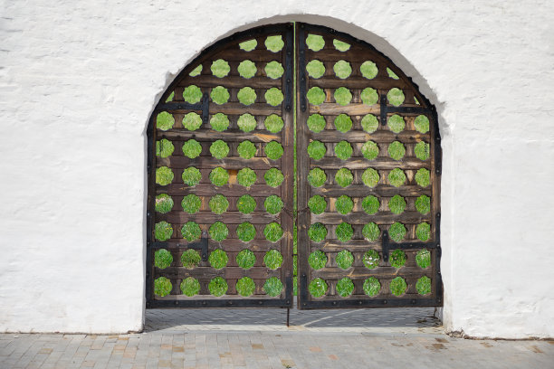 白墙上的旧木门。托博尔斯克克里姆林宫的一个入口。克麦罗沃地区。俄罗斯。图片下载