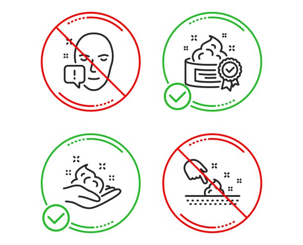 面部注意，面霜和皮肤护理图标设置。皮肤水分迹象。感叹号，最佳乳液，护手霜。向量图片下载