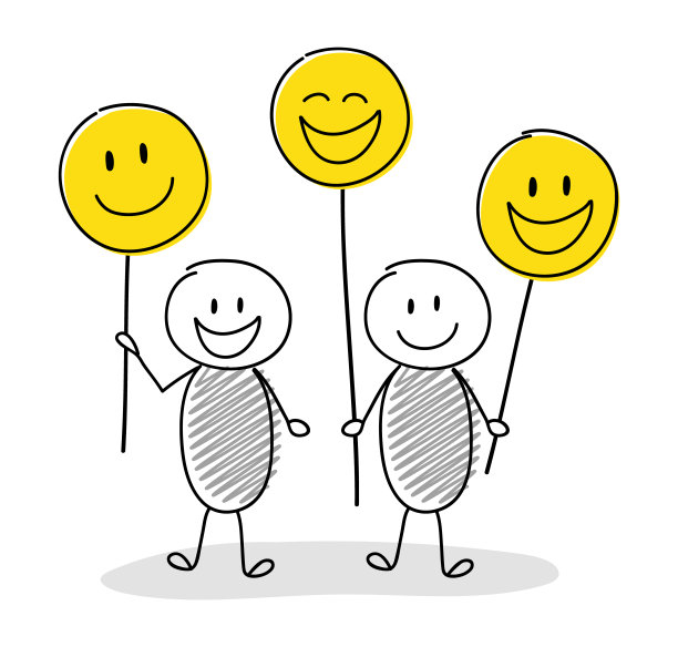 一群拿着表情符号的滑稽卡通棍子人。向量图片下载