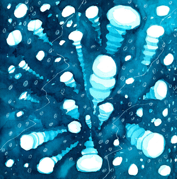 蓝色的水面上有白色的气泡。手绘水彩抽象背景。从贝加尔湖冰面上看甲烷气泡图片下载