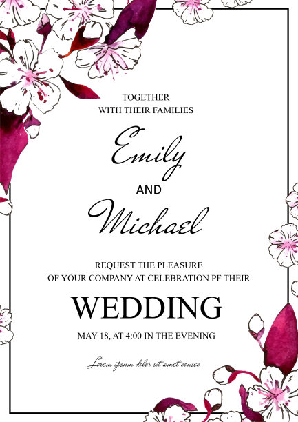 卡片上有水彩花樱花图案，粉红色桃子，叶子。现代婚礼海报装饰概念。手绘花卉元素卡片，邀请。矢量装饰贺卡或邀请设计背景图片下载