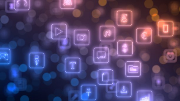 智能手机应用程序图标的流。霓虹灯风格的发光图标。三维演示图片下载