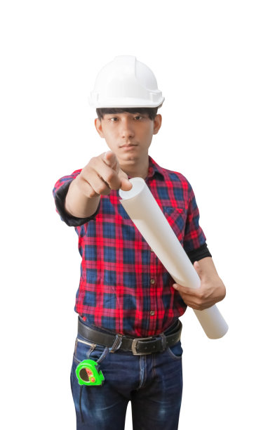 工程师拿着滚边的图纸指指点点检查施工情况，并戴上黄色安全帽，安全帽的塑料隔离在白色背景上。图片下载