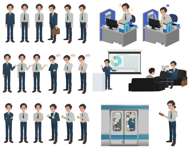 一套商人人物设计与不同的姿势上的白色背景图片下载