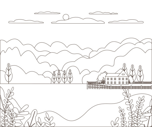 细线勾勒出田园农庄景观。集山、山、树、天、云、太阳为一体的现代乡村全景户外设计。线条艺术风格抽象背景，线性矢量插图图片下载