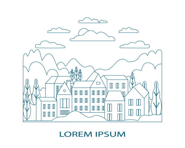 细线勾勒出田园农庄景观。用山、山、树、天、云、太阳等符号设计乡村户外摩登。线条艺术风格抽象背景，线性矢量插图图片下载
