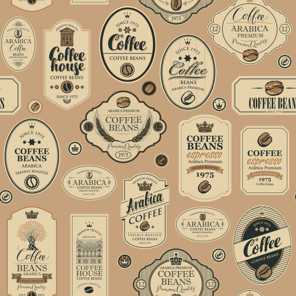 矢量无缝模式与各种咖啡标签图片下载