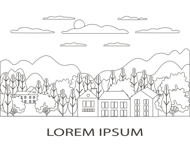 细线勾勒出田园农庄景观。集山、山、树、天、云、太阳为一体的现代乡村全景户外设计。线条艺术风格抽象背景，线性矢量插图图片下载