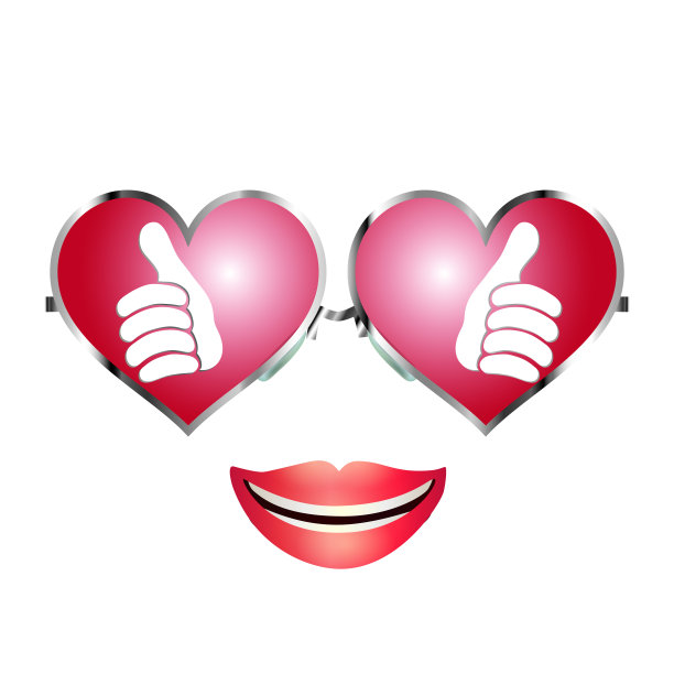 在酷酷的心形太阳镜上，竖起的大拇指倒映着。字符的微笑。积极的和批准。分享和跟进。在线社区。社交网络的概念。孤立的图片下载